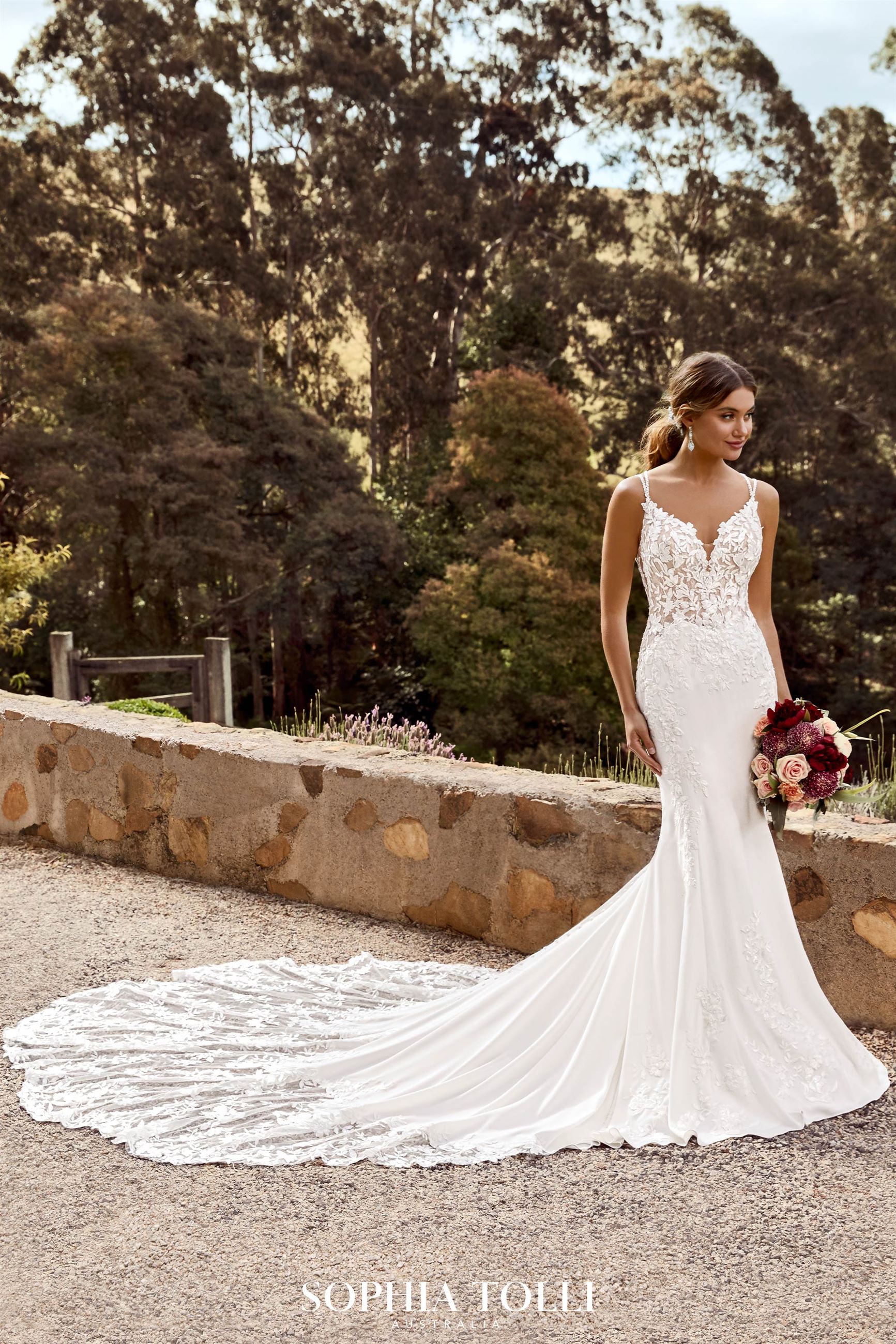 Floral Crepe Wedding Dress with Lace Train | Sophia Tolli