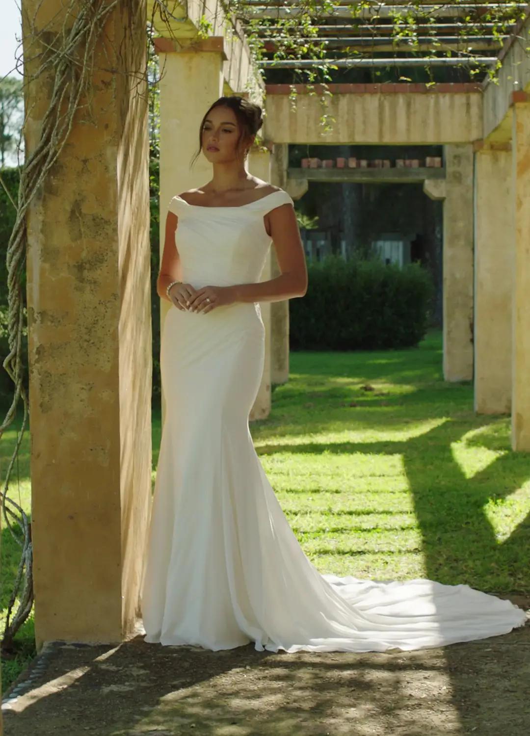 Soft Chiffon Bridal Gown with Draping Sage $1 autoplay loop mute thumbnail