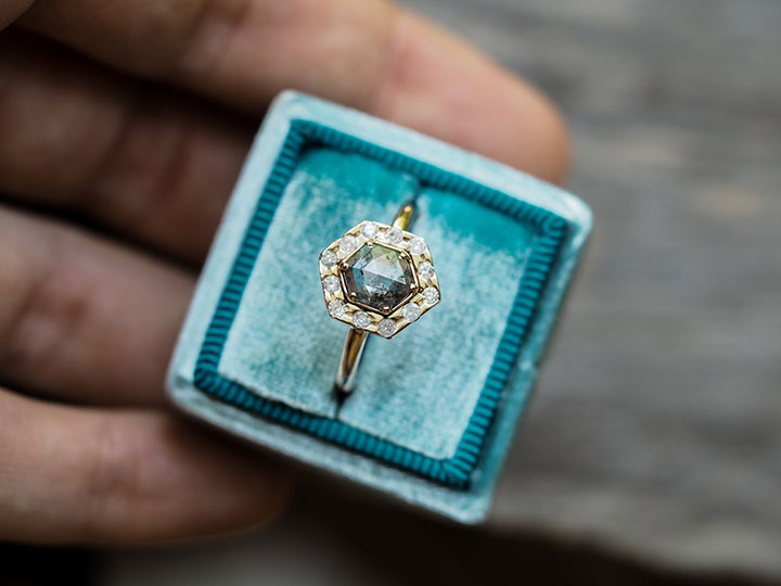 Unique Hexagon Salt & Pepper Diamond Engagement Ring