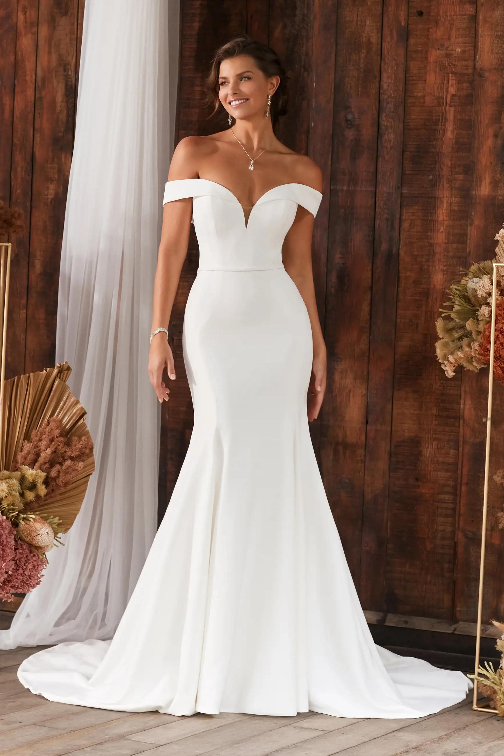 Simple Crepe Fit and Flare Wedding Gown Lottie $1 autoplay mute thumbnail