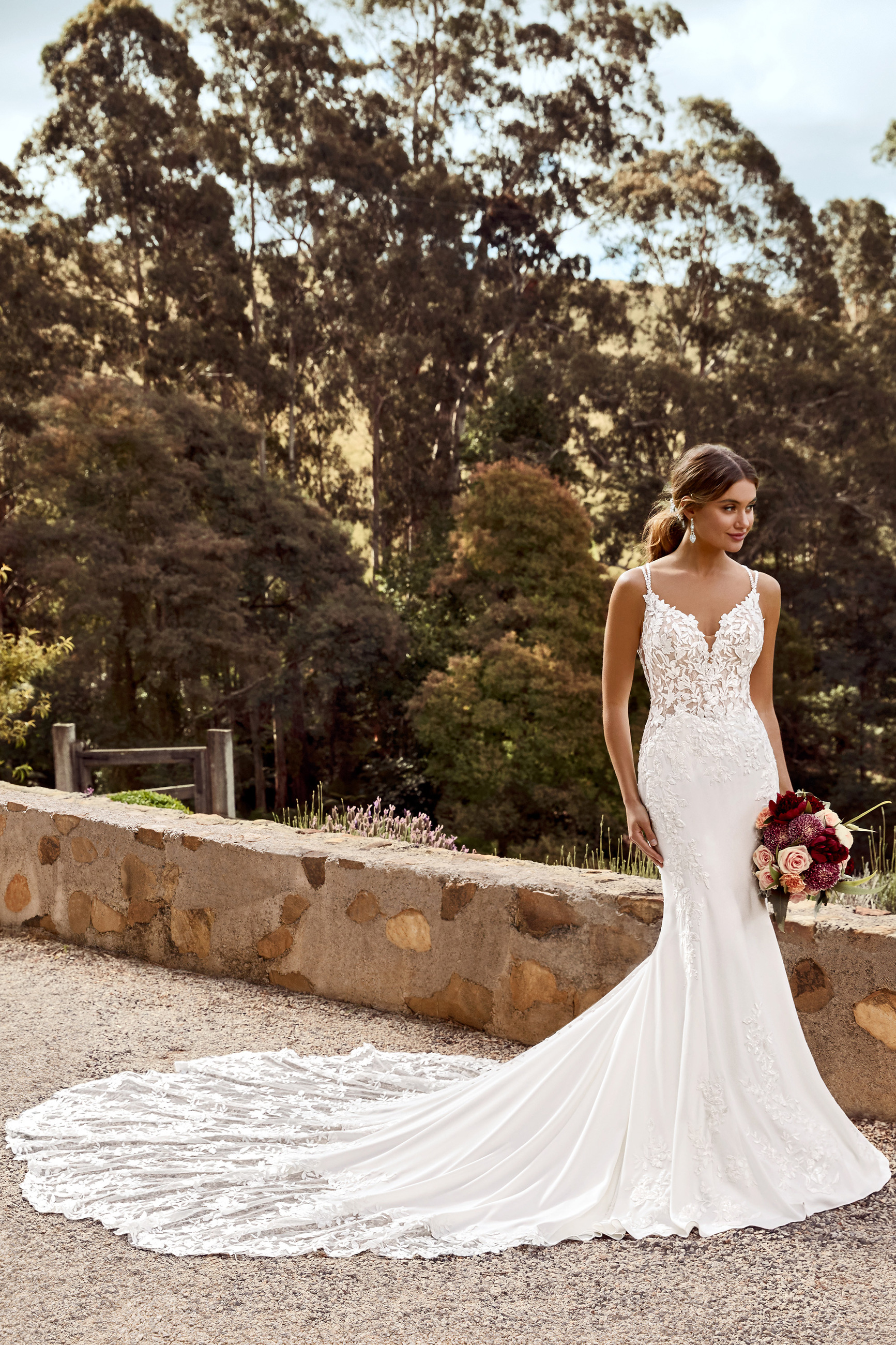 Fit And Flare Floral Lace Wedding Dress With Spaghetti Straps