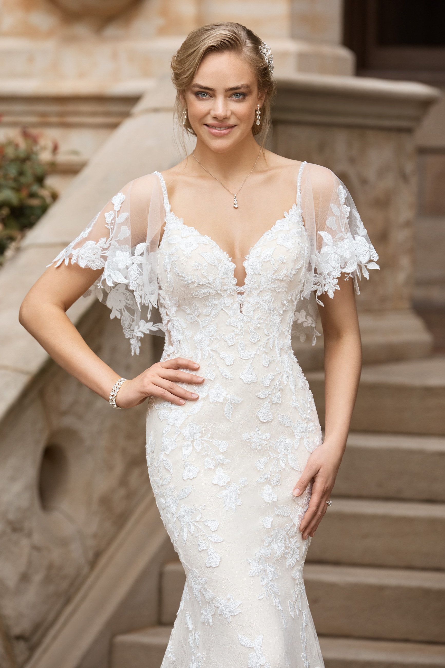 Lace flutter shop sleeve wedding dress